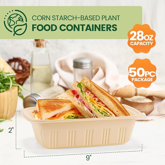 Glotoch Express 28 oz-200 Pack Meal Prep Containers with Lids, Cornstarch Food Storage Containers Plant-based Lunch Box for Salad, BPA Free Plastic Take Out Containers
