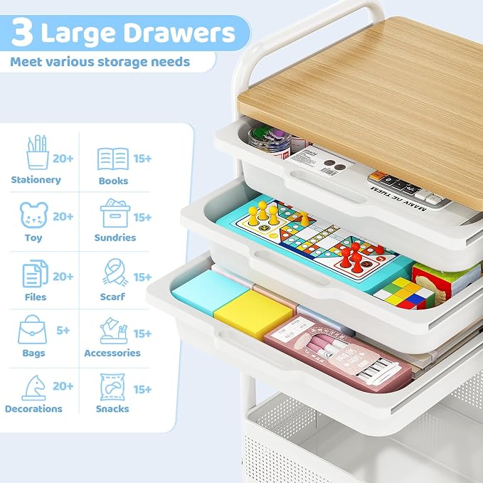 Metal Rolling Storage Cart with 3 Drawers - Utility Cart on Wheels with Pegboard & Wood Tabletop, Multifunctional Trolley Organizer with Hooks & Bin for Living Room,Bedroom,Craft Room,Office,Kids Room
