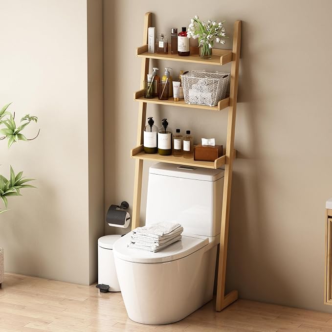 Solid Bamboo Toilet Shelf,3 Tier Bathroom Shelf with Anti-Slip Base | Solid bamboo over the toilet storage – naturally moisture-resistant for bathrooms, built for long-lasting durability