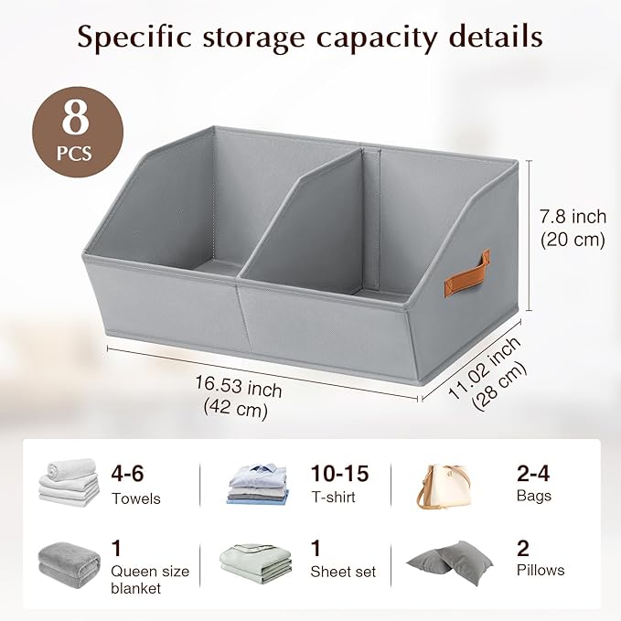 Homsorout Closet Organizers and Storage Bins - 8 Pack Collapsible Divided Trapezoidal Cube Storage Bins Baskets For Organizing Clothes Blankets,Toys, Books, Towels(Light Grey)