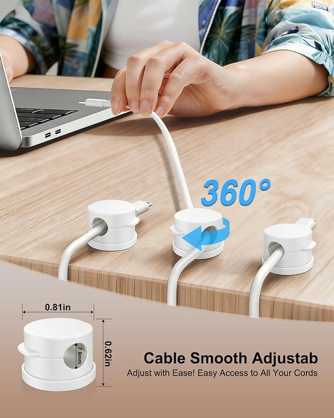 OneLeaf 8 Pack Magnetic Cable Clips, Rotatable Cable Management Clips for Desk & Wall, Strong Adhesive Cord Organizer for Phone Chargers, Ethernet & Cable Wires, Home Office Car, White