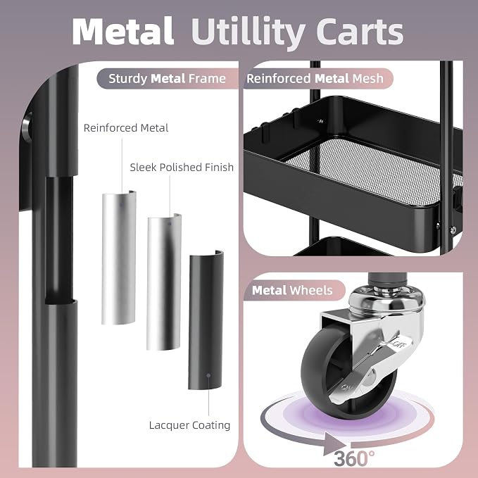 3 Tier Metal Rolling Utility Cart with Drawer & Lockable Wheels - Heavy Duty Multifunctional Storage Organizer with 2 Cups and 4 Hooks for Bathroom, Kitchen, Snack, Craft, Makeup, Baby Essentials