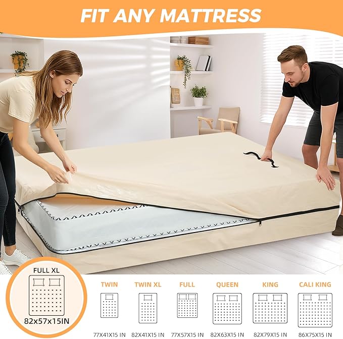 BAGAIL Mattress Bags for Moving, Mattress Covers with Heavy Duty Handles, Reusable Mattress Storage Bag for Moving Supplies(Beige, Full XL)