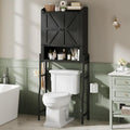Memobarco Over The Toilet Storage Cabinet with 2-Door & Metal Stand, Black | Toilet Paper Holder, 3 Extra Hooks, Anti-Tipping Device, With Adjustable Shelves, for Bathroom, Restroom, Laundry