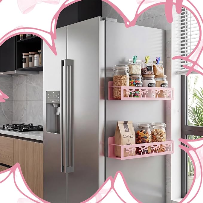Beeveer 2 Pack Classic Bow Magnetic Spice Rack for Refrigerator Metal Magnet Basket Shelf for Fridge Seasoning Storage Organizers Home Decor Kitchen Accessories (Pink)