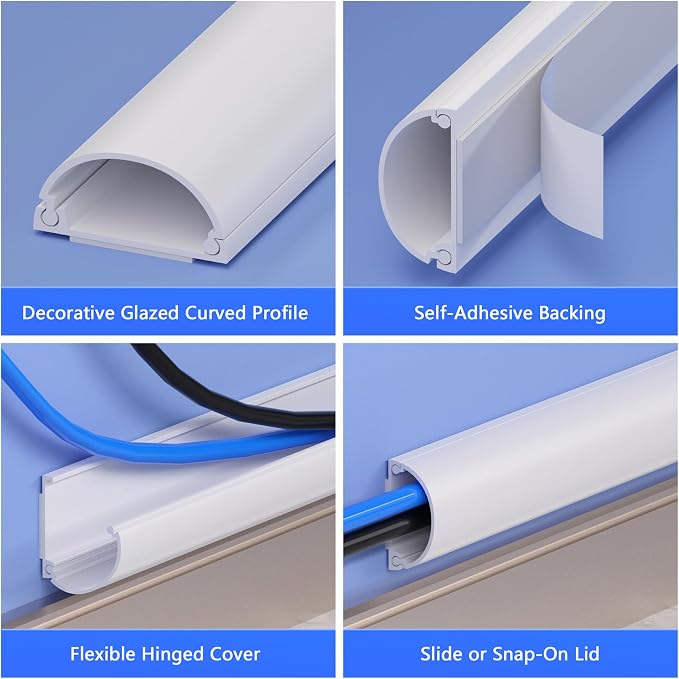 ZhiYo 39in Cord Hider for 2-3 Wall-Mounted TV Wires, 1.2"W x 0.55"H, White | Split-Hinge Design for Easy Installation, Half-Round Glazed Finish Ideal for Wall/Baseboard, Self-Adhesive, 3 Pack (13" Each)
