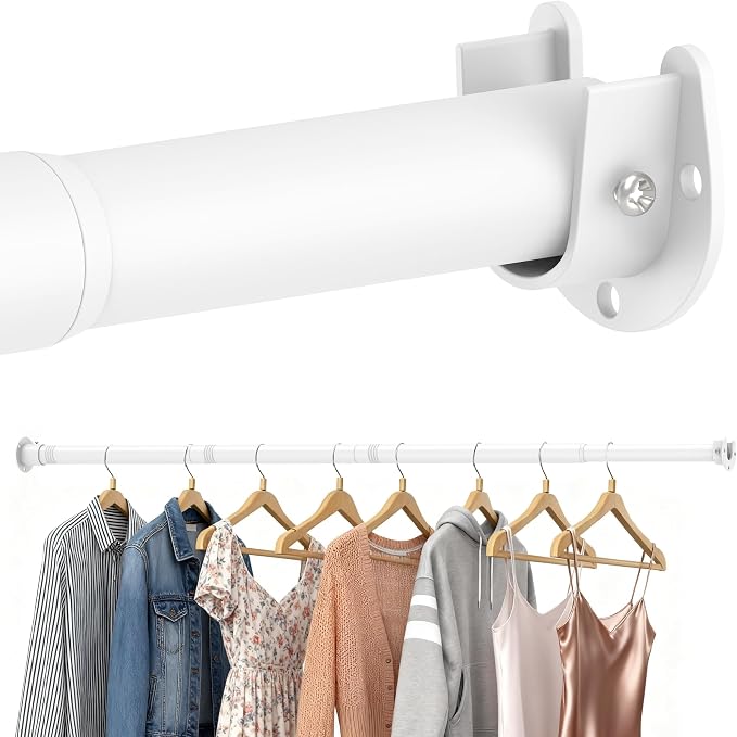 Heavy Duty Closet Rod, Adjustable 17-74 in, 1.3" Diameter | White, Metal, Suitable for Wardrobes, Bathrooms, Laundry Room, RV