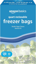 Amazon Basics Reclosable Freezer Quart Food Storage Bags with Zipper Seal, BPA Free, Stand and Fill, Airtight, 120 Count (Previously Solimo)