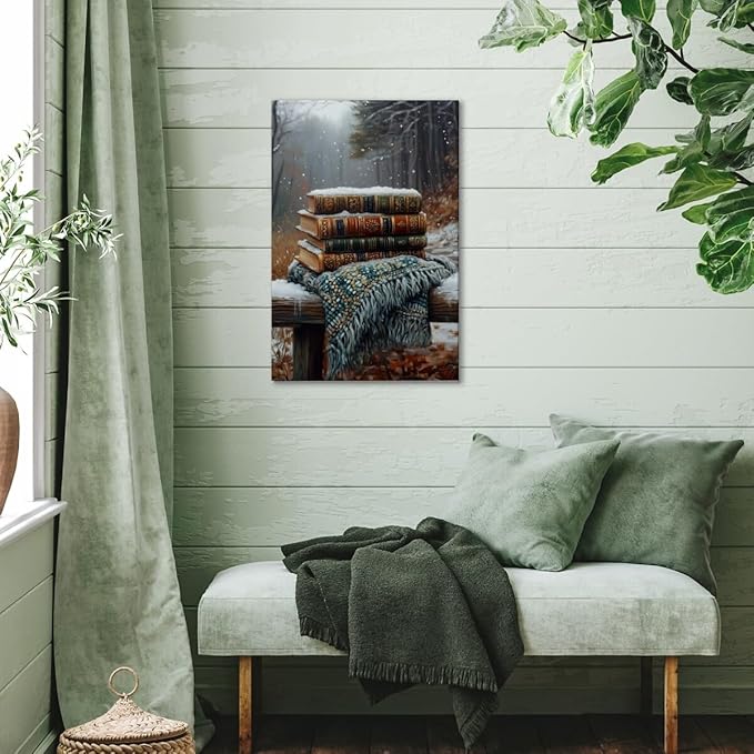 Vintage Books Winter Book Lover Art Aesthetic Poster Canvas Wall Art Decoration Living Room Home Decor Bedroom Decoration Poster Framed12x18inch