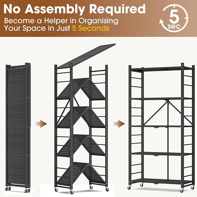 Fenbeli Foldable Shelves with Wheels - 5 Tier Folding Shelf, Collapsible No Assembly Metal Shelving Unit, Origami Storage Shelves & Rolling Storage Rack with 8 Hooks for Kitchen Pantry Garage