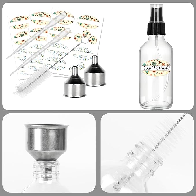 CycleMore 25 Pack 4oz Clear Glass Spray Bottles with Fine Mist Sprayers, Glass Travel Bottles for Cosmetic Essential Oils Cleaning Solutions Perfumes & More Liquids (1 Brush, 2 Funnels and 36 Labels)