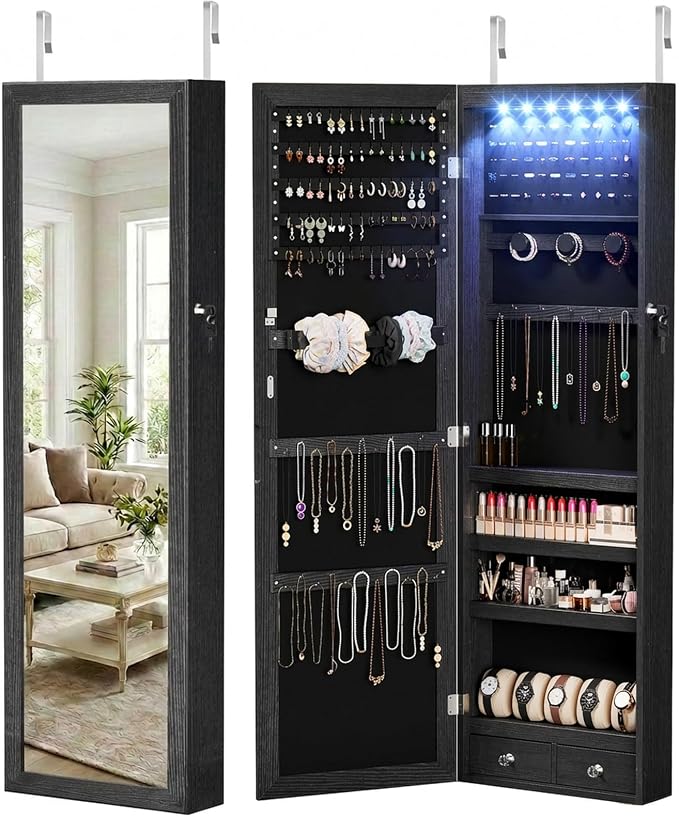 DUMOS Jewelry Armoire Cabinet with Full Length Mirror, 47.2" Tall Wall Mounted or Over the Door Jewelry Organizer with 33 Necklace Hooks, Lockable Large Capacity with Drawers, Black