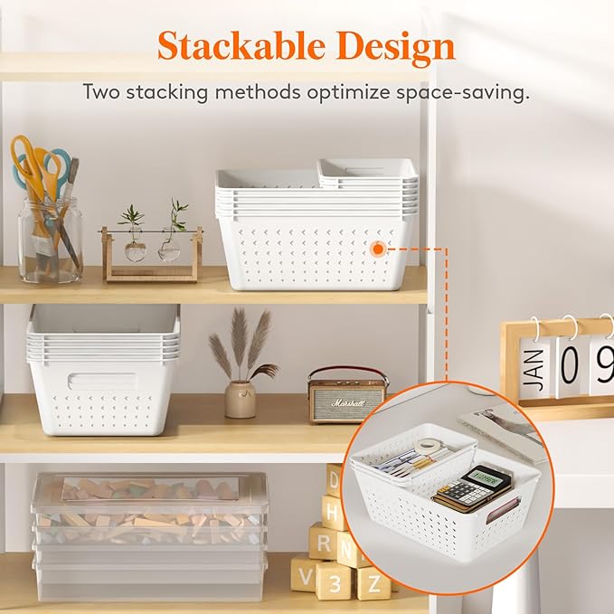 Lifewit Plastic Storage Basket for Organizing, 3 Pack Stackable Storage Bins, Open Containers for Shelving, Pantry, Office and Cabinet, 3 Large Size, White