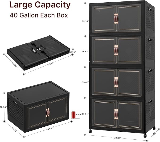 UAMFURI Extra Large Stackable Storage Bins with Lids & Wheels, Foldable Collapsible Closet Organizers Dark Storage Cabinet with Doors for Bedroom Dorm