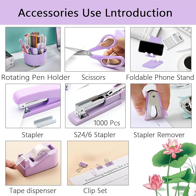 Office Supplies,Desk Accessories,with Stapler, Tape Dispenser,Desk Organizer,Folding Phone Holder,Pen,Journal Notebook,Scissor,Staple Remover,Staples,Clear Tape,Sticky Notes,Paper Clips,Bookmark,Ect