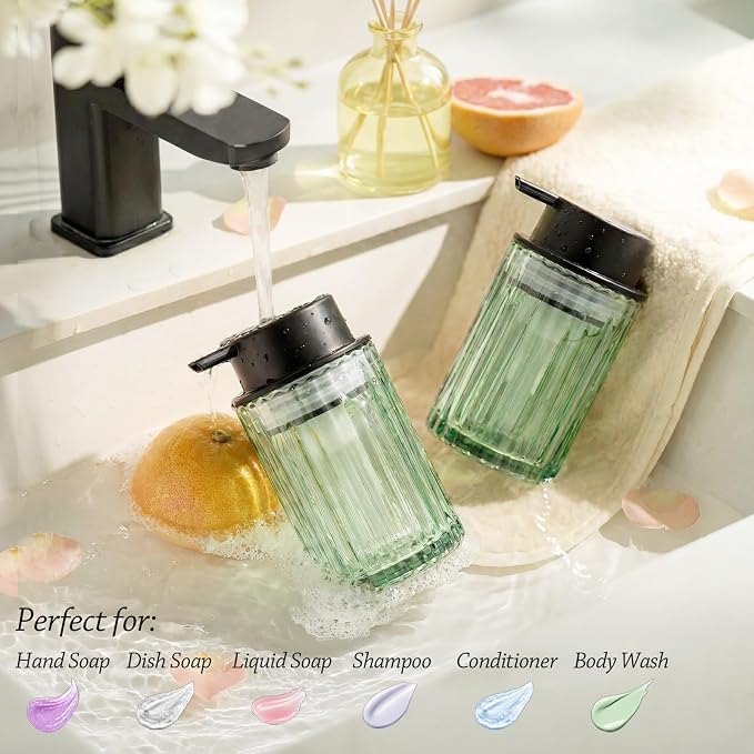 Foaming Hand Soap Dispenser, 8oz Refillable Sage Green Glass with Black Pump, for Liquid Soap or Lotion, Vertical Ribbed Decor for Bathroom Vanity, Kitchen, Commercial Use - 2 Pack