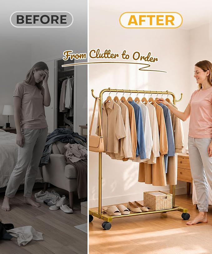 Homde Rolling Clothes Rack with Hooks: Standing Garment Storage for Indoor - Hanging Rod for Bedroom Laundry Room - Coat Dress Organizer on Wheels with luggage shelf (Gold, 31.5")