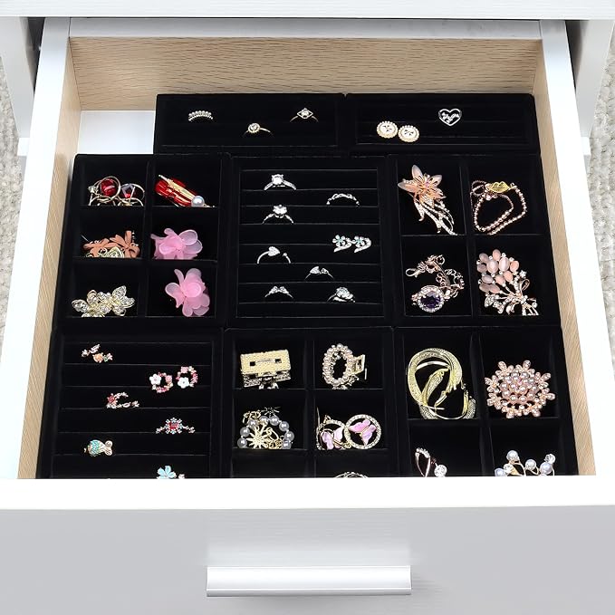 DesignSter Small Jewelry Tray-Ring Organizer 2PCS Premium Velvet Rings Earrings Display Tray Storage Insert Holder for Jewelry Box, Drawer, Dresser (8 Slots, Black)