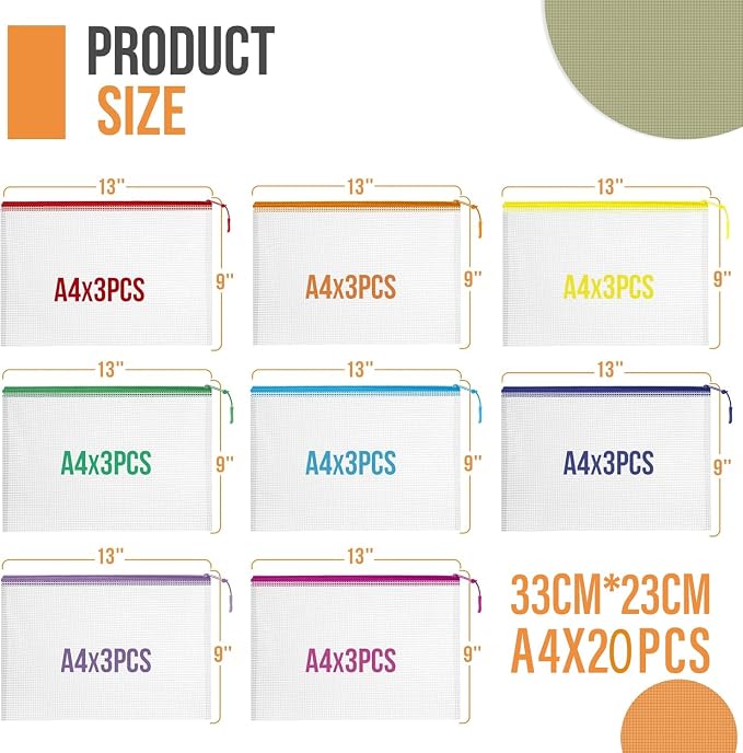 YOPCDJ 20PCS Mesh Zipper Pouch Bags, A4 13x9 Inches Waterproof Mesh Bags with Zipper, Plastic Zipper Pouch for Organizing, Mesh Bag for Travel Storage, 8 Colors Assortment