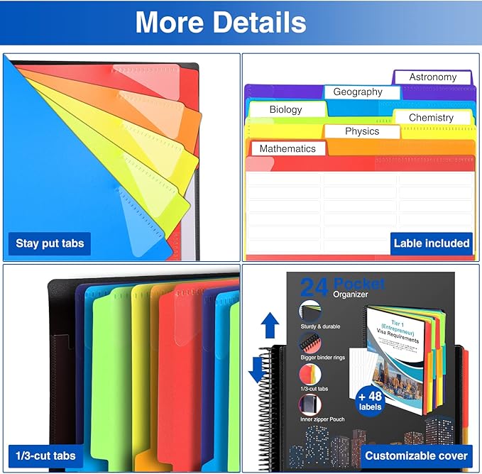 Forvencer 24 Pocket Project Organizer, 1/3-cut Tab Binder Organizer with Sticky Labels, Multi Pocket Folder with Zipper Pouch, Folder Binder Spiral Pocket Notebook, Office Supplies, Letter Size, Black