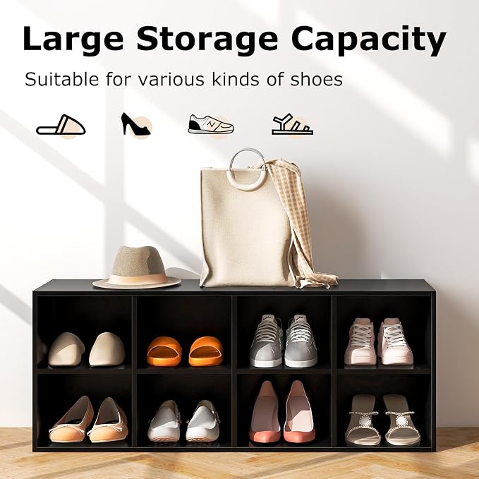 Tangkula 8 Cubbies Shoe Storage Bench, Shoe Organizer with 500 LBS Weight Capacity, Cubby Shoe Rack Storage Cabinet for Entryway, Hallway, Living Room and Bedroom (Black)