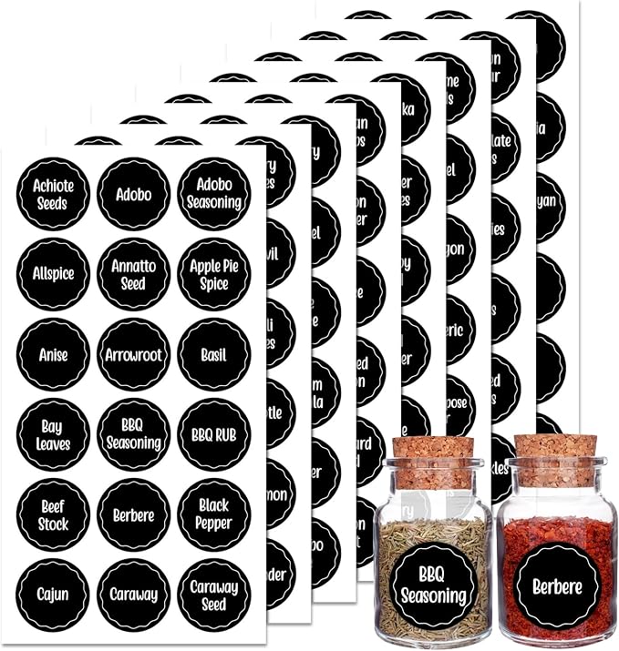 Andiker 144Pcs Spice Jar Labels, Preprinted Self-Adhesive Spice Jar Stickers, Waterproof Seasoning Label Stickers for Jars Bottles and Containers (Round, Black)