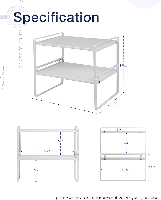 Nxconsu Stackable Cabinet Shelf Organizer 2 Pack, Wide White | Heavy-Duty 3mm Steel Stackable 2-Tier Shelf, Holds 50 lb, for Kitchen Cabinet Pantry Cupboard Counter Bathroom Under Sink
