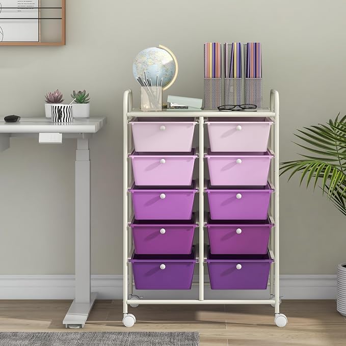 COSTWAY 10 Drawer Rolling Storage Cart, Utility Cart with Lockable Wheels | Mobile Art Supply Craft Organizer with Metal Frame, Multipurpose Drawer Cart for Paper for Office, School, Purple Gradient