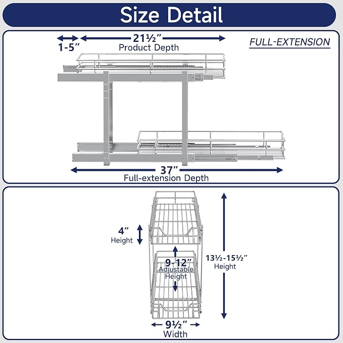 2-Tier Pull Out Cabinet Organizer, 9" W x 21.5" D, Heavy Duty Dual Slide Out Shelves for Narrow Base Cabinets, Chrome Wire Basket Drawer for Spices, Bottles & Snacks