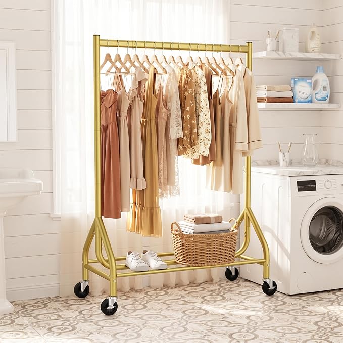 EAGMAK Heavy Duty Clothes Rack Load 268 LBS, 31.5 inch Hanging Rod, Gold | Metal Frame, Stable Base, Compact Size, Rolling Smooth, For Bedroom Closet Entryway Laundry Living Room Home Garage Storage