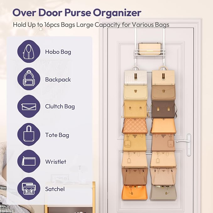 SWTYMIKI Over the Door Purse Organizer - Wall Mounted Handbag Organizer with 16 Hooks and Metal Basket, Hanging Purse Storage Rack Holds up to 16 Bags, Bag Rack Can Use As 1/2 Part, for Door, Closet