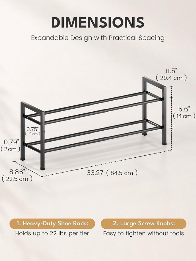 Bumusty 2 Tier Expandable Shoe Rack for Closet, 18“-33” Adjustable Shoe Rack for Small Space, Small Shoe Organizer for Front Door, Sturdy Metal, Black