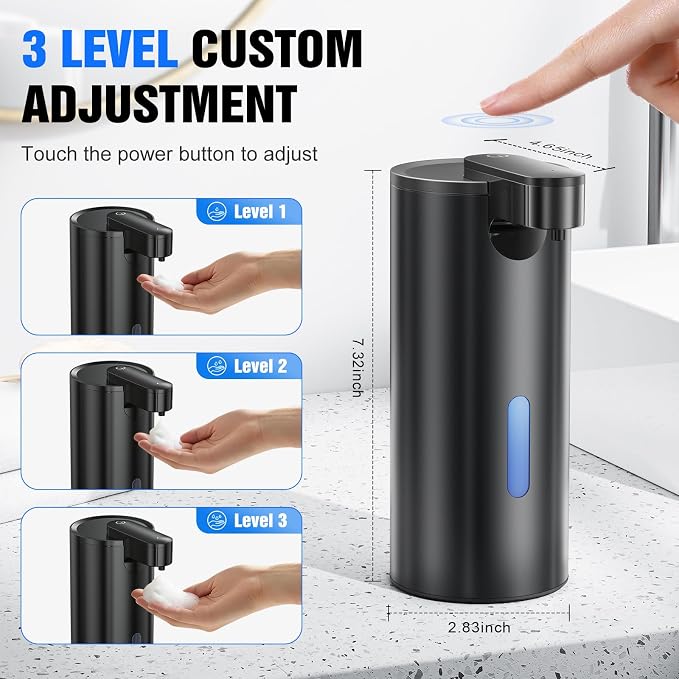 Fantictas Touchless Foaming Soap Dispenser, Stainless Steel Automatic Foam Soap Dispenser, USB-C Rechargeable Sensor Pump with 3 Adjustable Levels, 11.5 oz for Bathroom & Kitchen