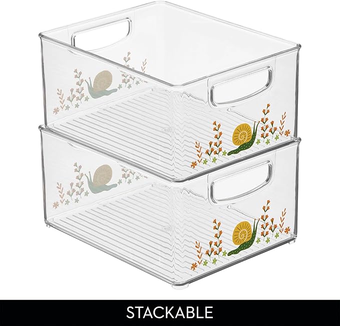 iDesign Bathroom Organizer Bin, Clear/Snail | Decorative Print, Stackable, Plastic Storage Basket, For Makeup & Vanity Organization