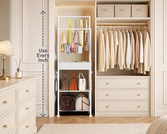 DIMJ Purse Organizer for Closet - Floor-standing Handbag Organizer Rack with 16 Hooks, Purse Storage Shelf Stand for Handbags, Totes, Wallets, Scarves, Bedroom Entryway and Walk-in Closet, White
