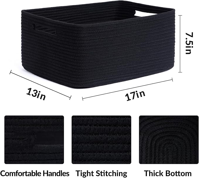 MiniArk Large Storage Baskets for Shelves, 17 x 13 x 7.5” Closet Organizers Bins for Clothes Blanket Towels, Baby Nursery, Toy Baskets Box, Woven Rope Baskets, 3 Packs Black