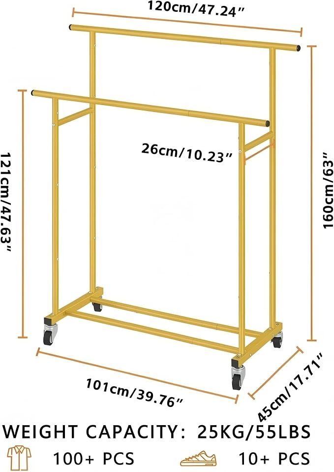 Calmootey Rolling Garment Rack with 2 Rods, Clothes Organizer for Bedroom | High-Low Rods, Two Lockable Wheels, Sturdy Metal Frame, Space-Saving, Fits Laundry, Living Room, Gold