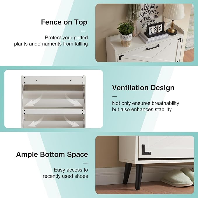 Barnyatoh Shoe Storage Cabinet,Farmhouse Shoe Organizer with 2 Flip Drawers & Barn Door Design,Freestanding Hidden Slim Narrow Shoe Rack Cabinet for Entryway,Foyer,Hallway,Antique White