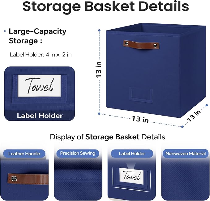 FinishingBo 13 inch Storage Bins with Labels 6 Pack | PU Leather Handles, Foldable Storage Cubes, Storage Baskets, Closet Storage, Blue