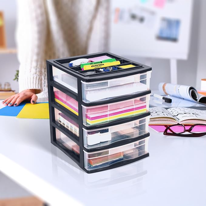 Gracious Living 4 Drawer Desktop & Countertop Organizer w/Organization Lid for Craft Storage, Office Supplies & School Supplies, Black/Clear (3 Pack)