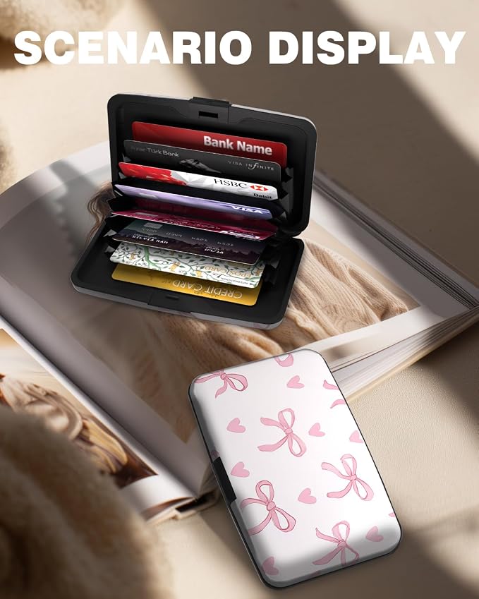 Maicican Credit Card Holder, Mini RFID Blocking Aluminum Wallet | Slim Metal Hard Case Travel Wallet ID Case for Women and Men, 4.3 x 2.9 Inches, Pink Bow