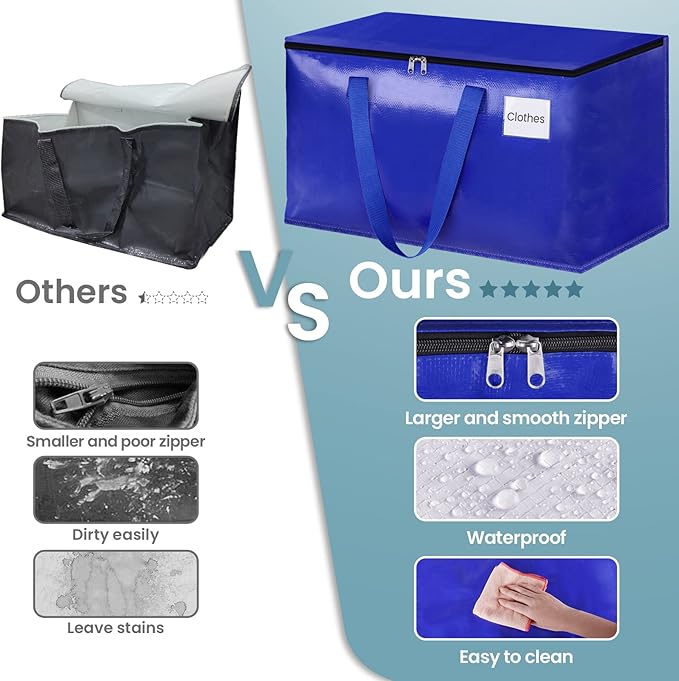 HomeHacks Moving Bags Heavy Duty with Strong Zippers and Handles Collapsible Moving Supplies, Storage Totes for Packing & Moving Storing 93L,6-Pack, Blue