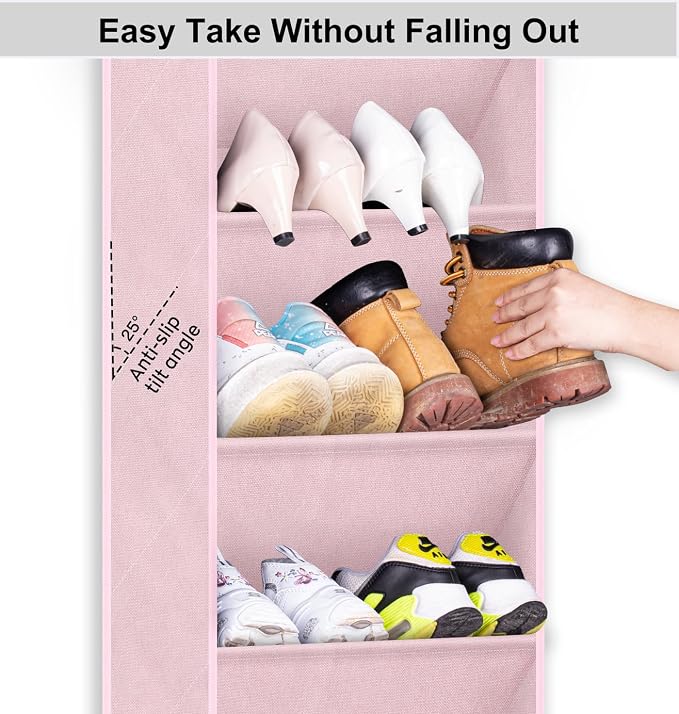 SLEEPING LAMB Over The Door Shoe Organizer for Closet with Large Deep Pockets, Narrow Shoe Rack for Door Hanging Boots Storage, Pink