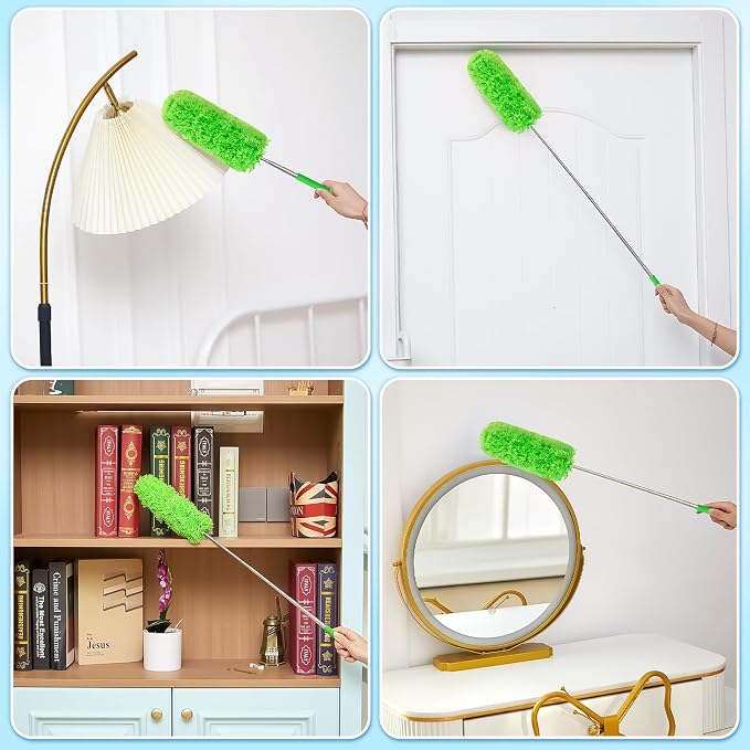Tanlade 1 Pcs Microfiber Feather Duster for Cleaning, Extendable 13-31 Inch Ceiling Fan Duster with Bendable Head, Washable Tools for Ceiling Fans, Furniture, Car, Cobwebs (Green)