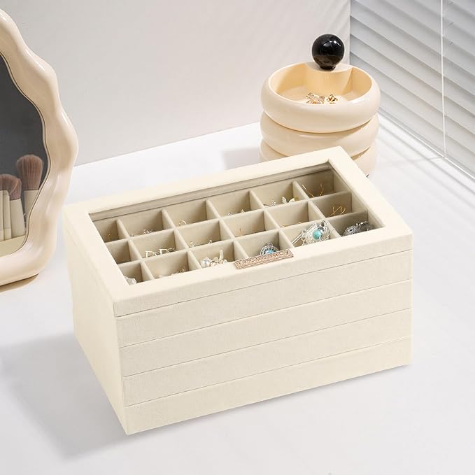 Frebeauty Stackable Jewelry Trays,Set of 4 Jewelry Organizer for Drawer | Glass Lid,Removable Dividers,Stackable Design,Velvet Material,Drawer Inserts,Earring Organizer,Jewelry Box for Rings Bracelet