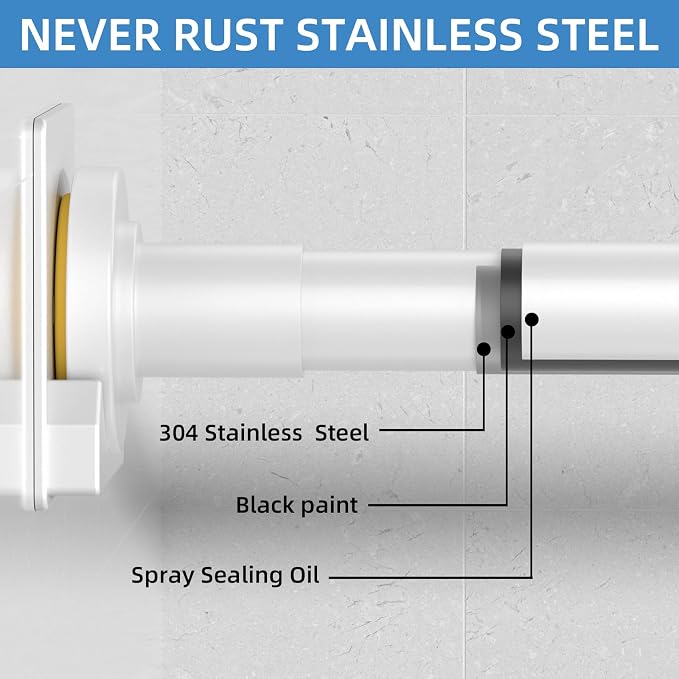 CorkLatta White Shower Curtain Rod,1 Inch Diameter Stainless Steel Adjustable Spring Tension Rods 32 to 68",with Holders,Anti-Slip,Curtain Rods No Drilling(1 Pack)