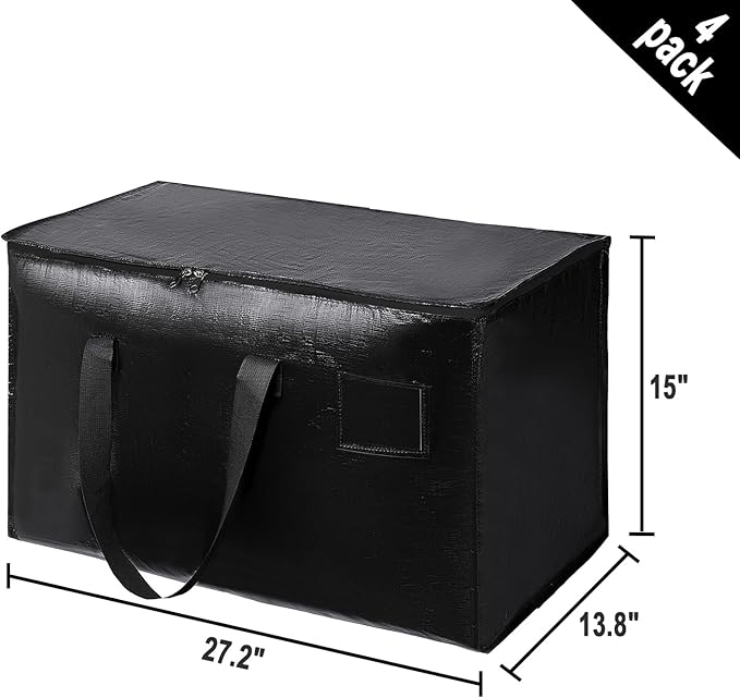 1 Pack Large Moving Bags with Zippers & Carrying Handles, Heavy Duty Storage Tote Moving Boxes ，Space Saving (Black, 1 Pack)