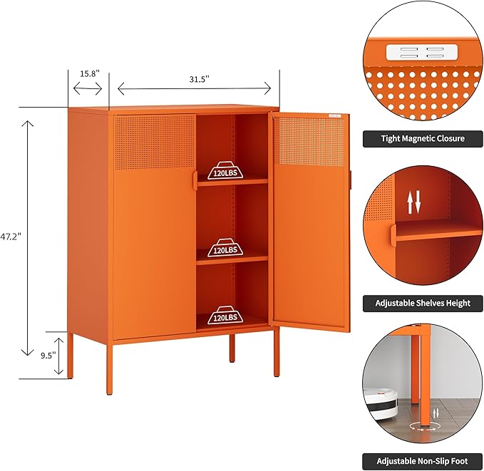 Ustamio Orange 3 Tier Metal Storage Cabinet with Legs, 2 Door Metal Locker Style Accent Storage Cabinet with 2 Adjustable Shelves for Home, Office, Entryway and Hallway