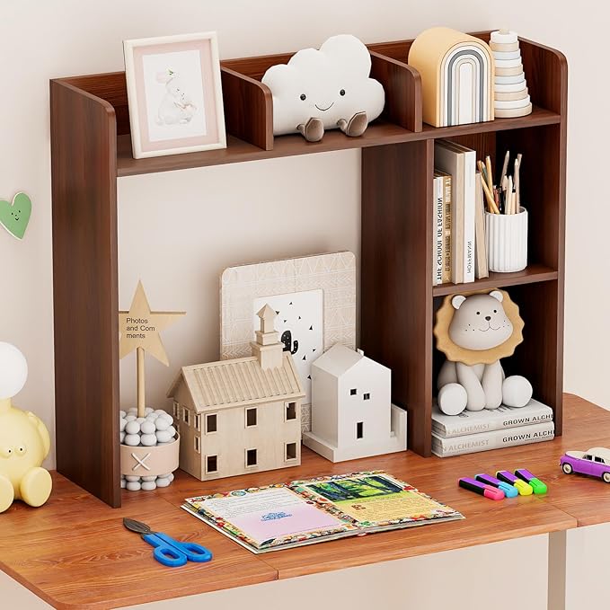 Tangkula Desktop Bookshelf, Countertop Storage Hutch with Shelves for Computer Desk, Desk 3-Tier Display Rack, Multipurpose Wood Desktop Hutch Storage Organizer for Dorm Office (Walnut)