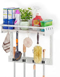 Broom Holder Wall Mount with Shelf,Broom Hanger with 4 Hooks,Broom and Mop Organizer Wall Hanging for Laundry,Garage, Utility,Broom Rack,Cleaning Supplies Organizer and Tool Storage,White
